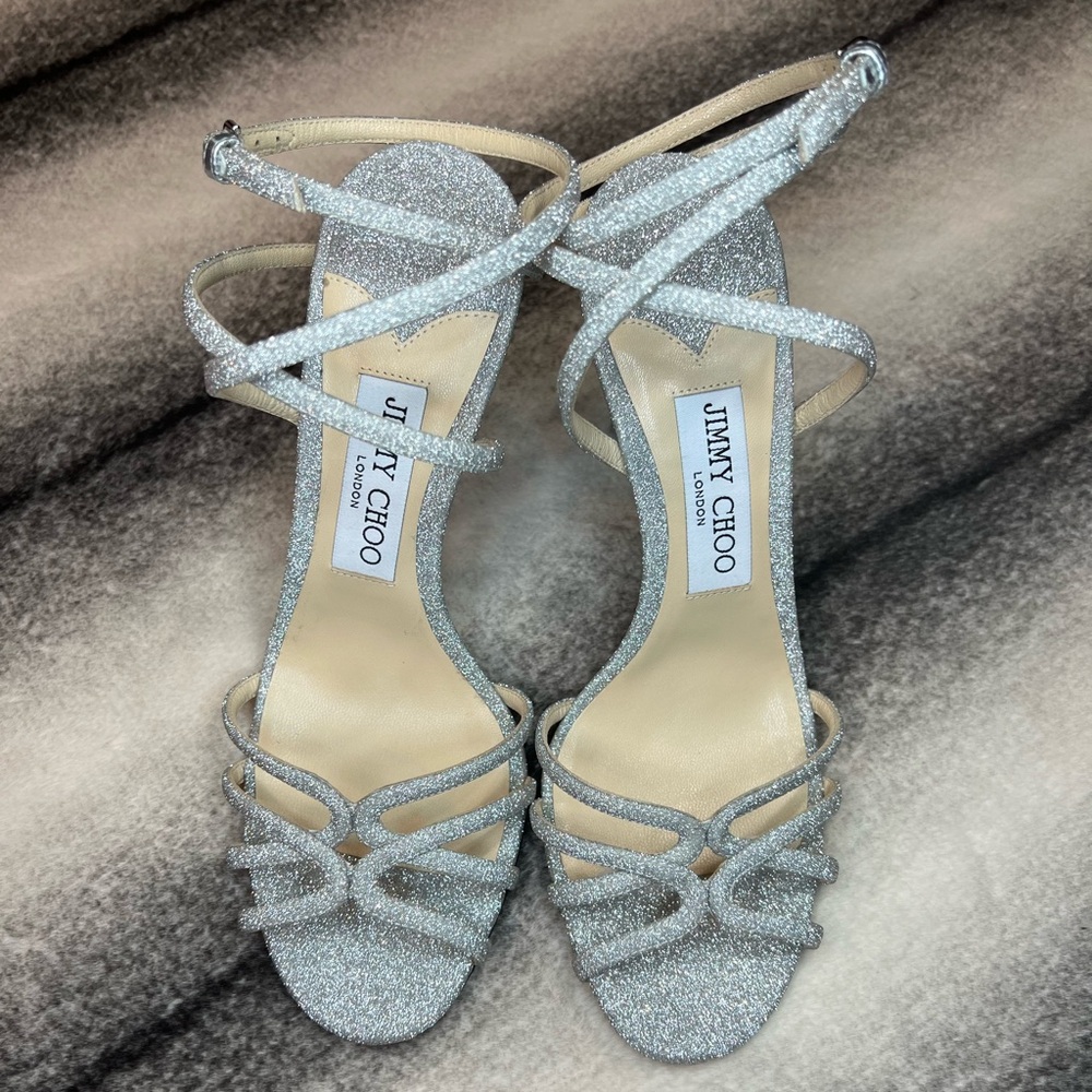 Jimmy Choo Mimi 100 mm Silver Fine Glitter Fabric Sandals Heels - Picture 2 of 8